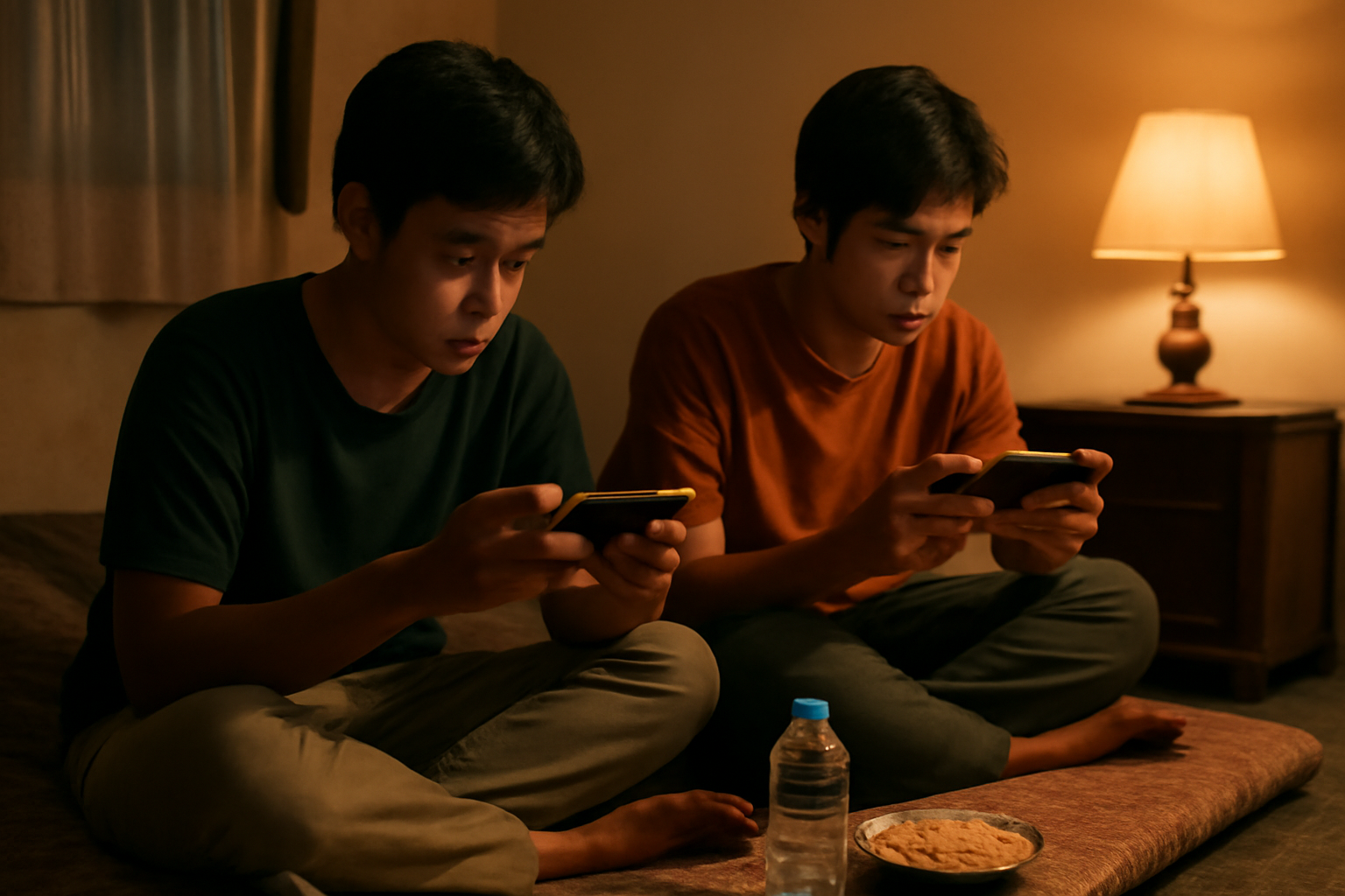 Dua pemain duduk di ruang tamu sambil memainkan game battle royale di ponsel masing-masing