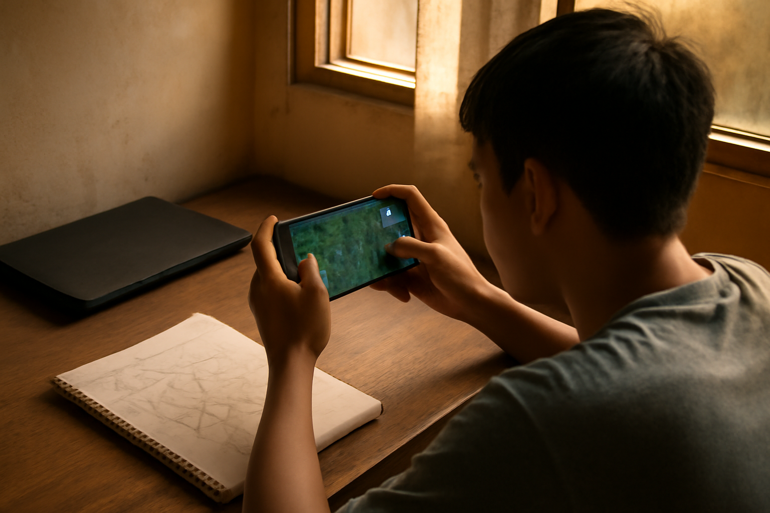 Pemain mempelajari peta battle royale di layar ponsel sambil mencatat rute rotasi