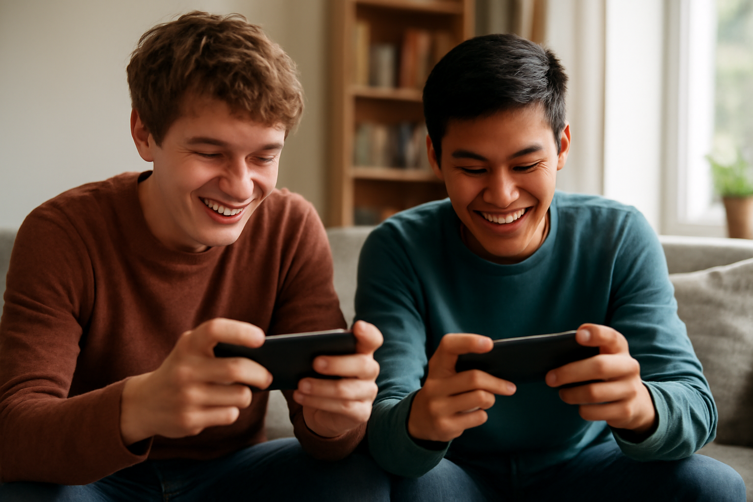Dua teman bermain game battle royale duo di ponsel masing-masing