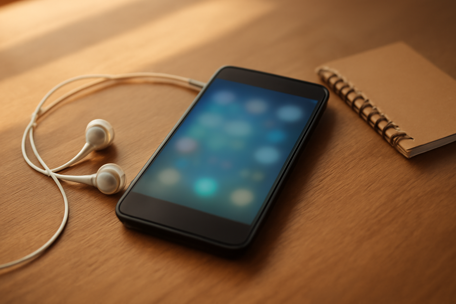 Ponsel Android kelas menengah dengan earphone di atas meja kayu untuk bermain game battle royale ringan