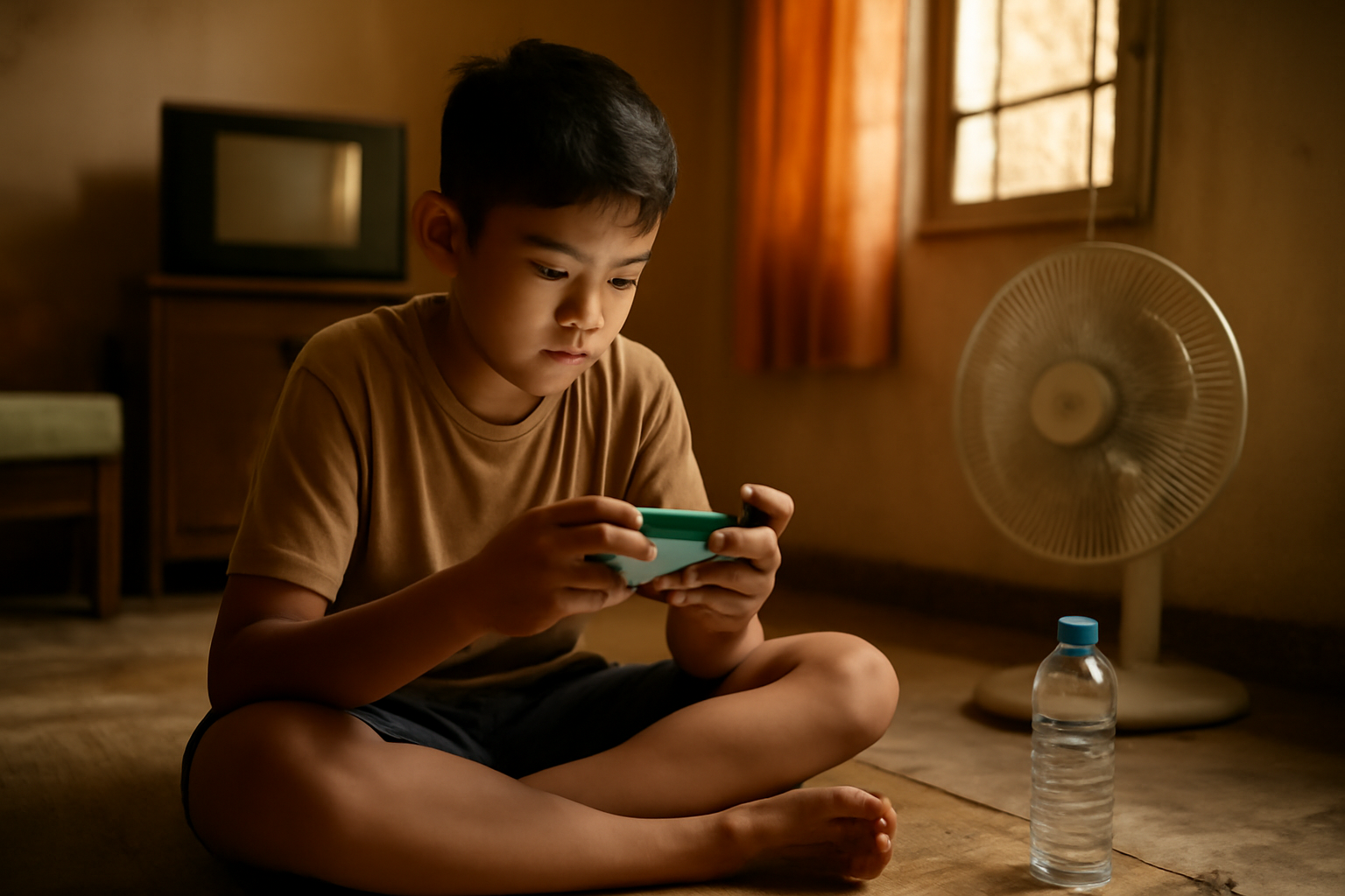 Pemain game battle royale solo di ruang tamu sedang membaca peta dan mengatur rotasi di smartphone