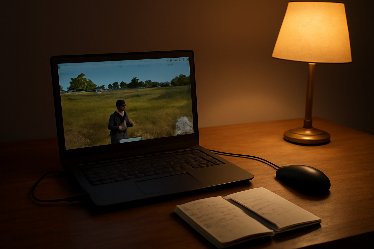 Laptop sederhana menjalankan game battle royale dengan pengaturan grafis rendah di meja kerja malam hari