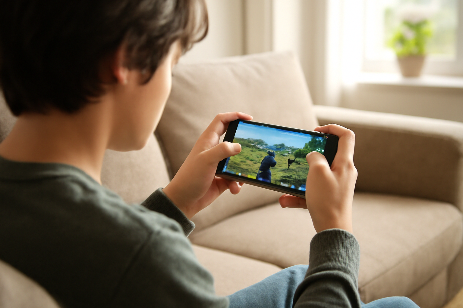 Seorang pemain memegang ponsel untuk bermain game battle royale solo di ruang tamu.
