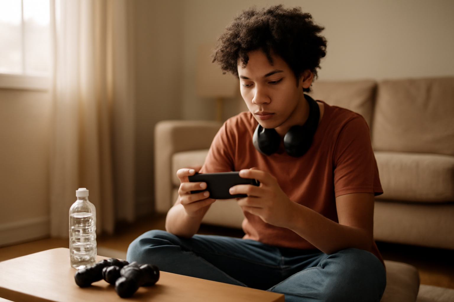 Pemain muda memegang ponsel dengan headset di leher saat bermain game battle royale di ruang tamu