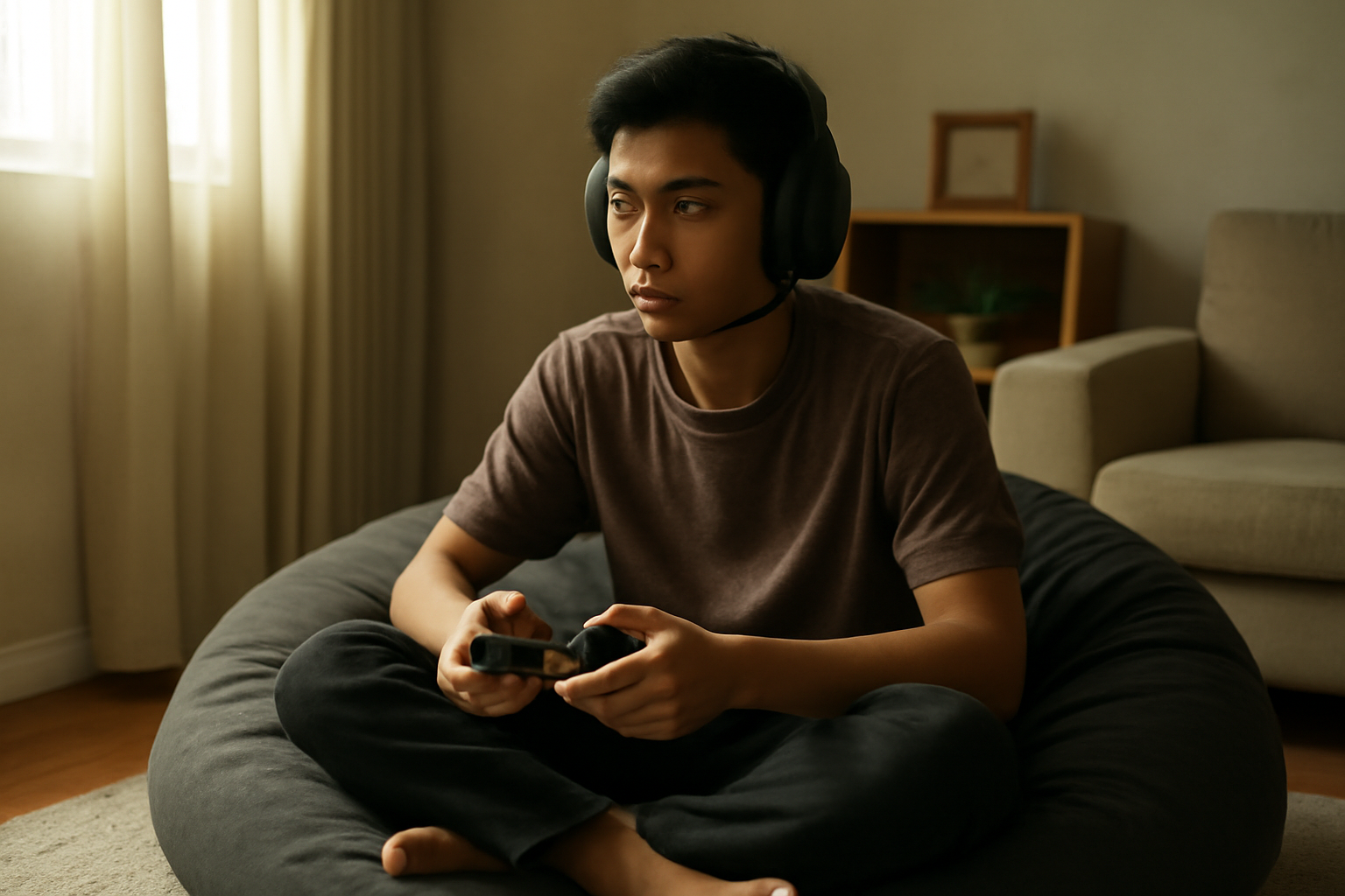 Seorang pemain game duduk santai dengan headset dan controller, fokus bermain battle royale solo di ruang keluarga.